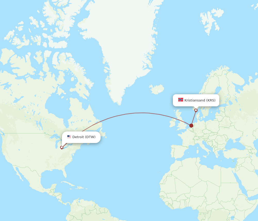 DTW-KRS flight routes
