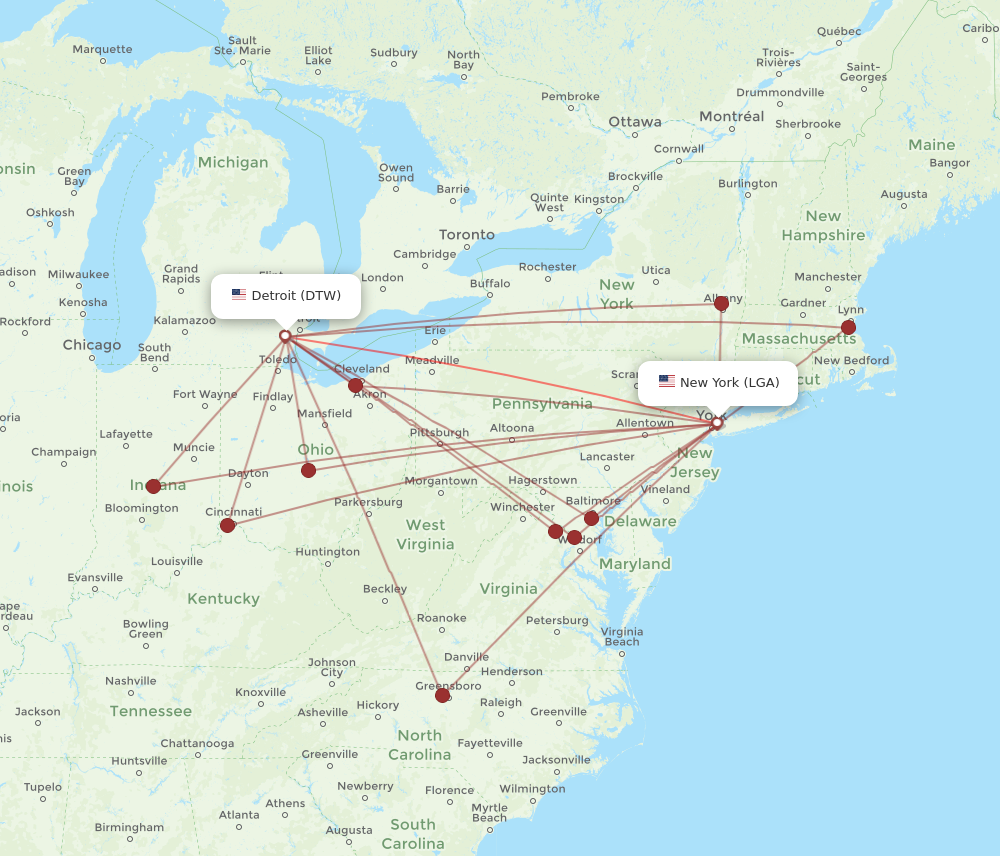 DTW to LGA flights and routes map