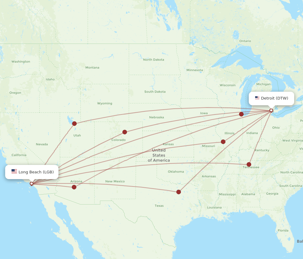 DTW-LGB flight routes