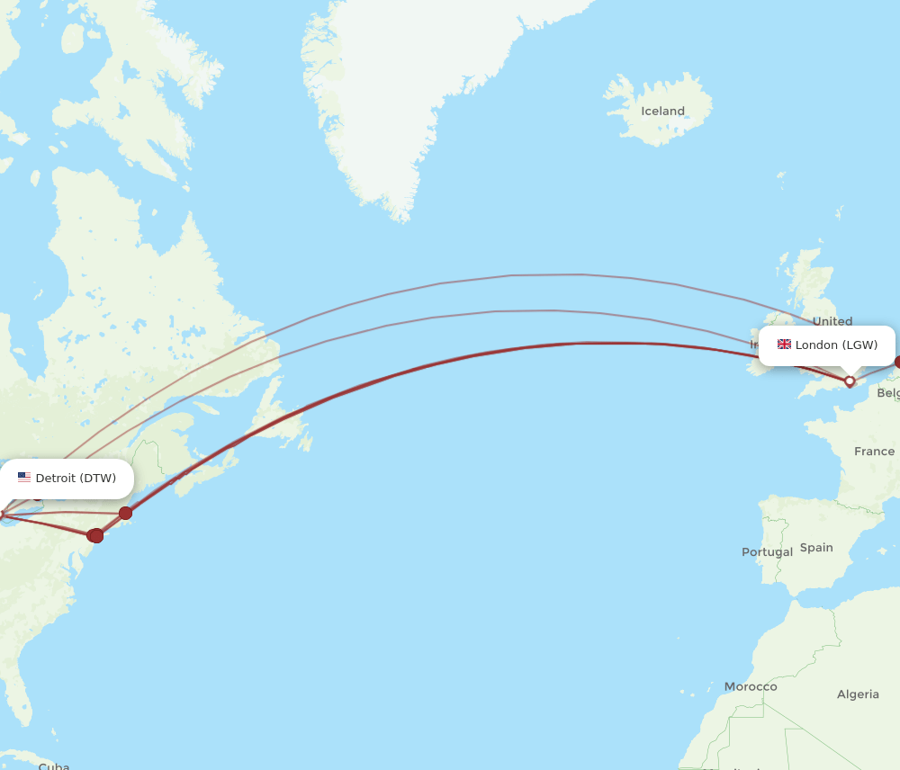 DTW-LGW flight routes