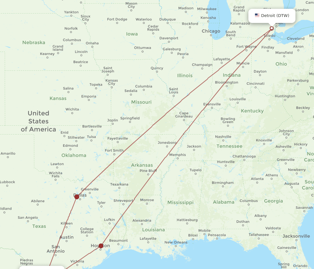 DTW-LRD flight routes