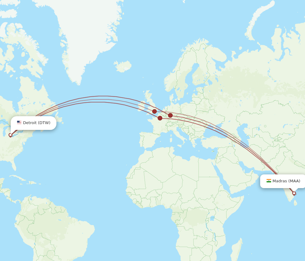 DTW-MAA flight routes