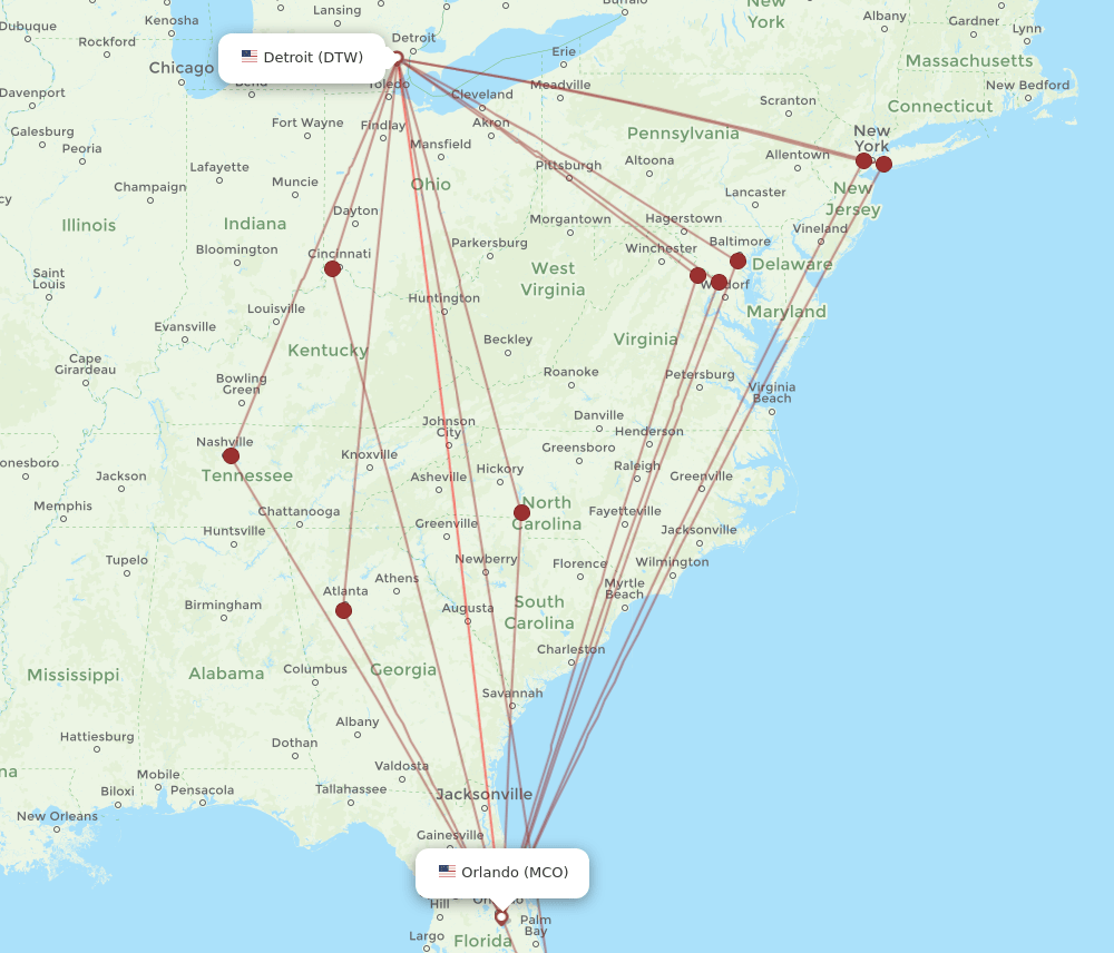 DTW to MCO flights and routes map