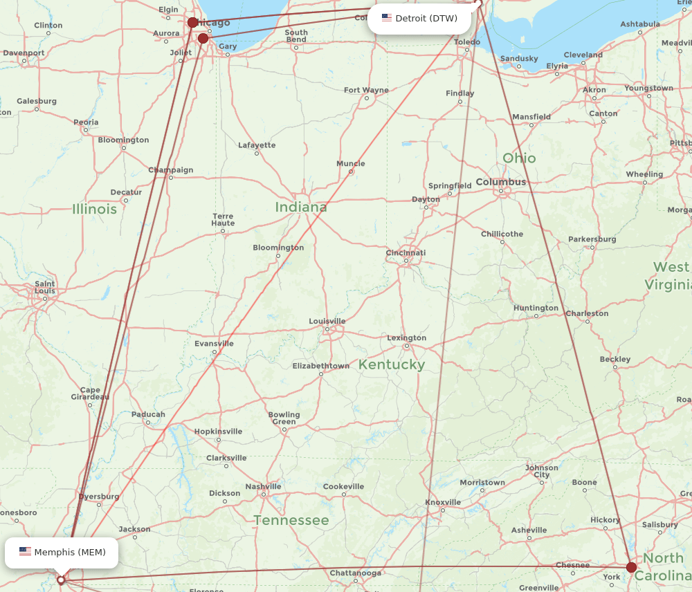 DTW to MEM flights and routes map