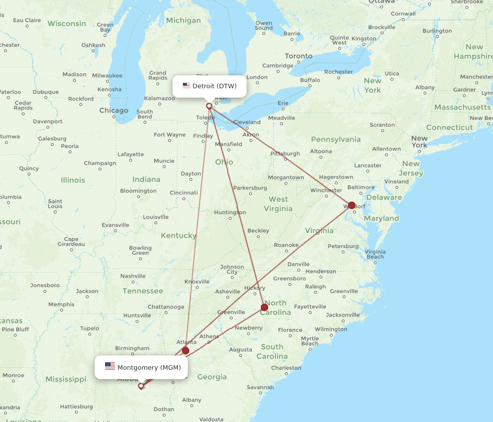 DTW-MGM flight routes