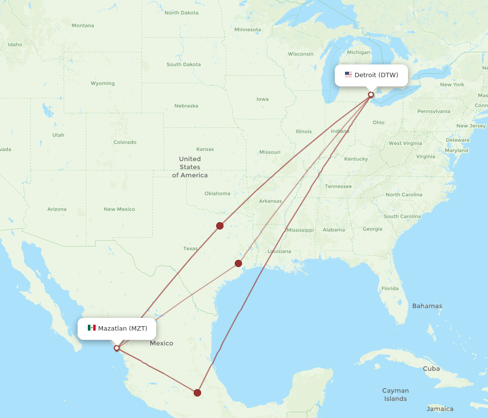 DTW to MZT flights and routes map