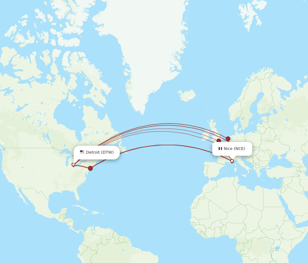 DTW to NCE flights and routes map