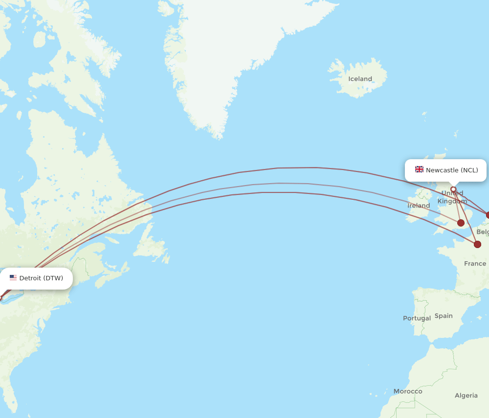 DTW-NCL flight routes