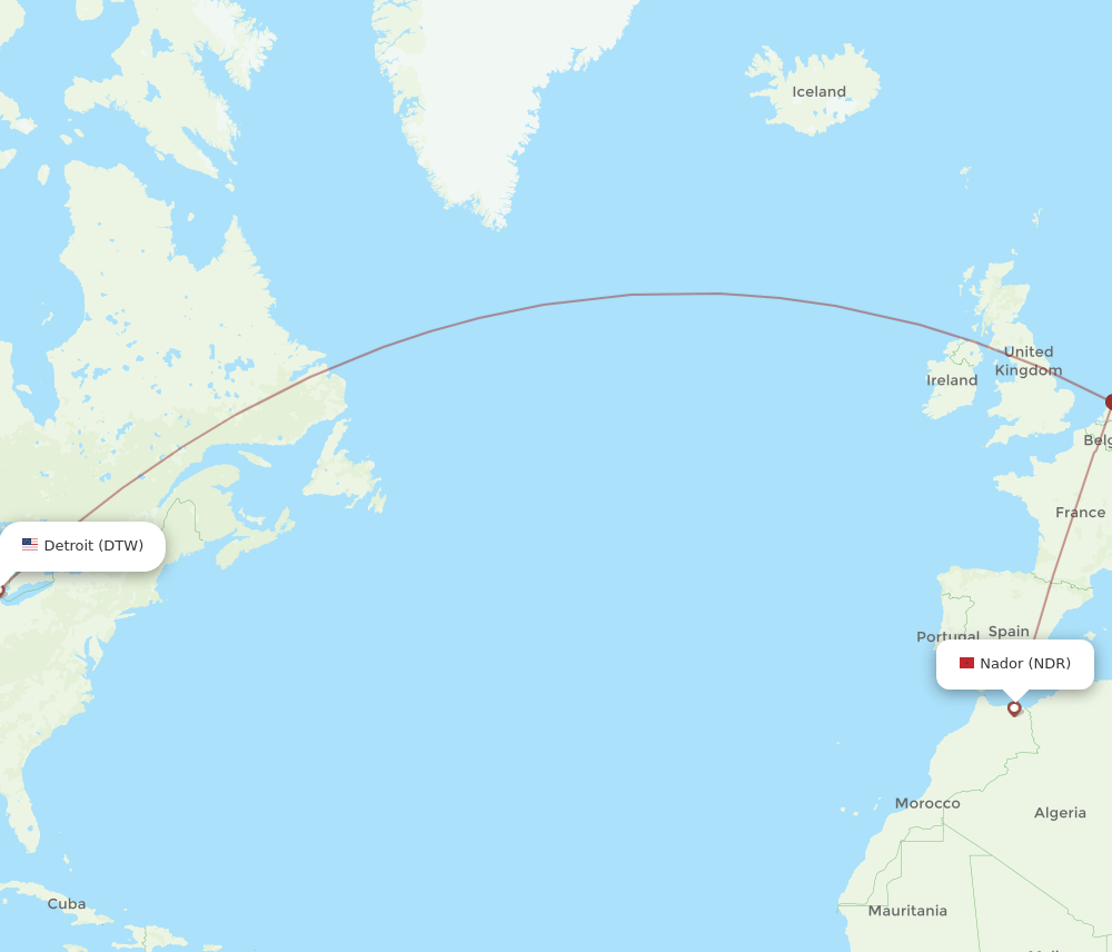 Nador - Detroit route map and flight paths