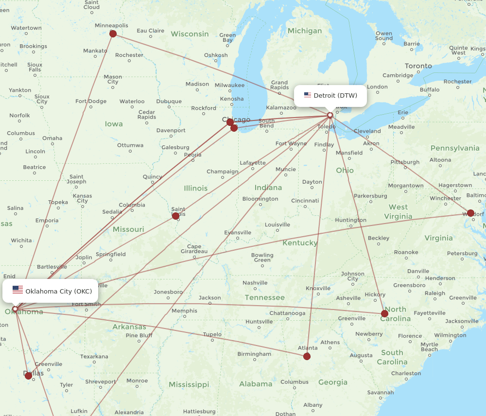 DTW-OKC flight routes
