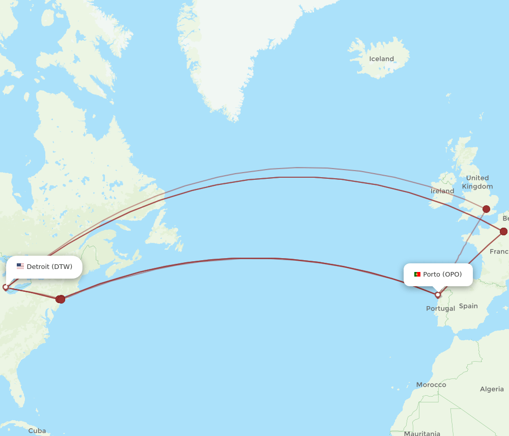 DTW-OPO flight routes