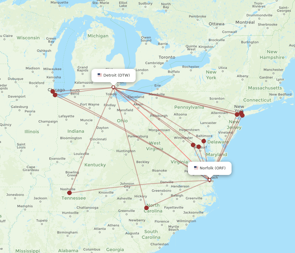 DTW-ORF flight routes