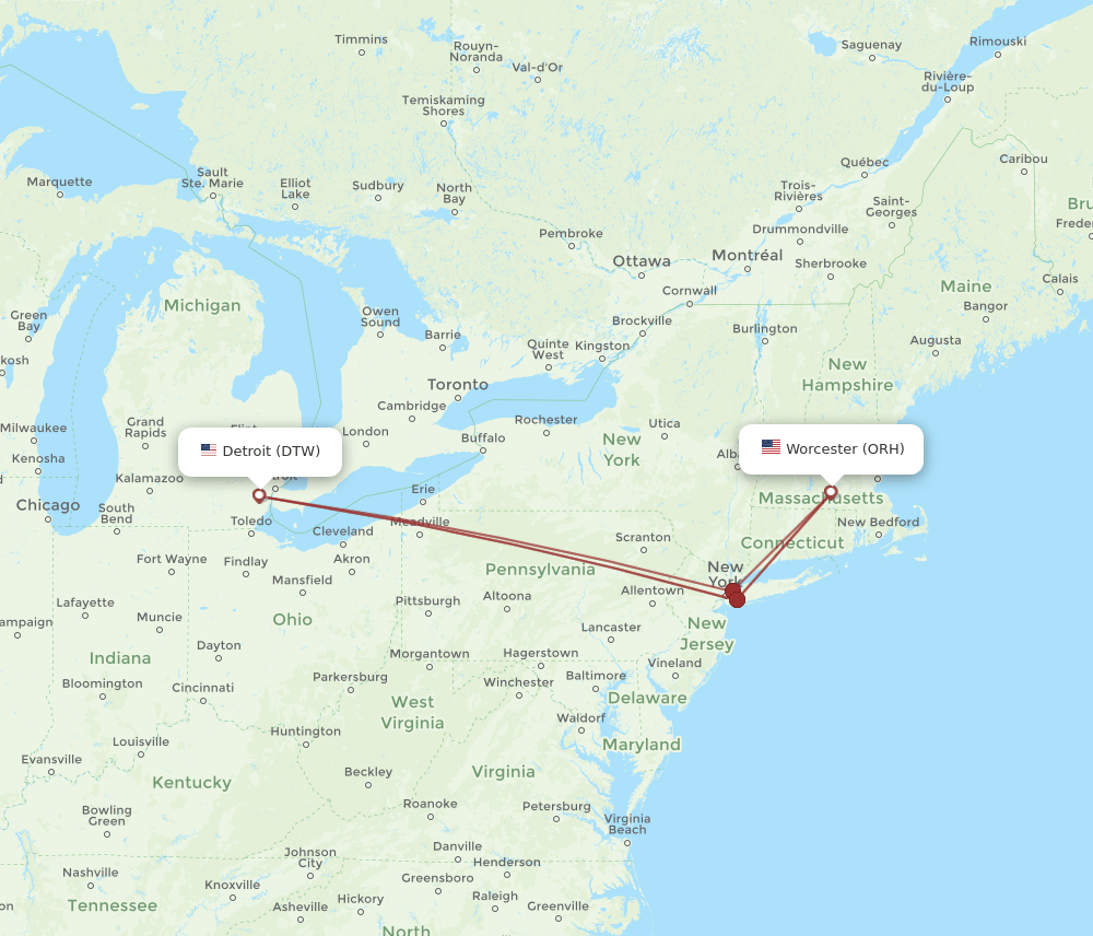 DTW-ORH flight routes