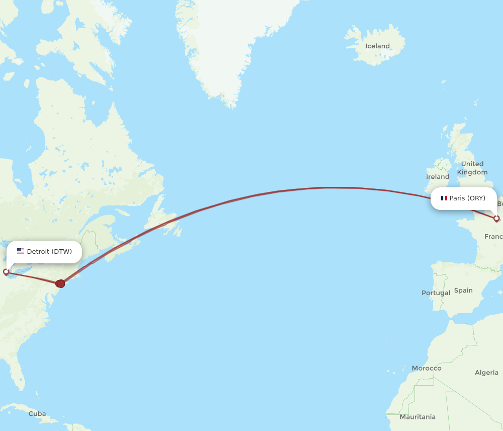 Detroit - Paris route map and flight paths