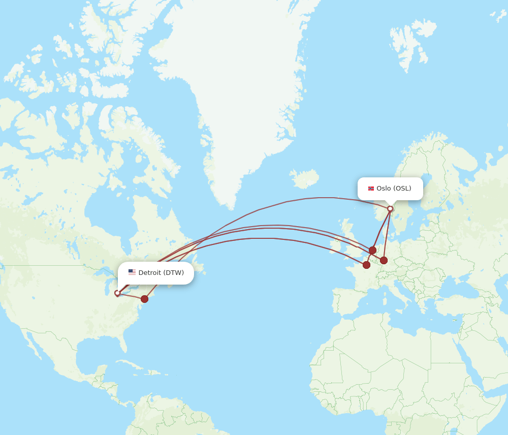 DTW to OSL flights and routes map