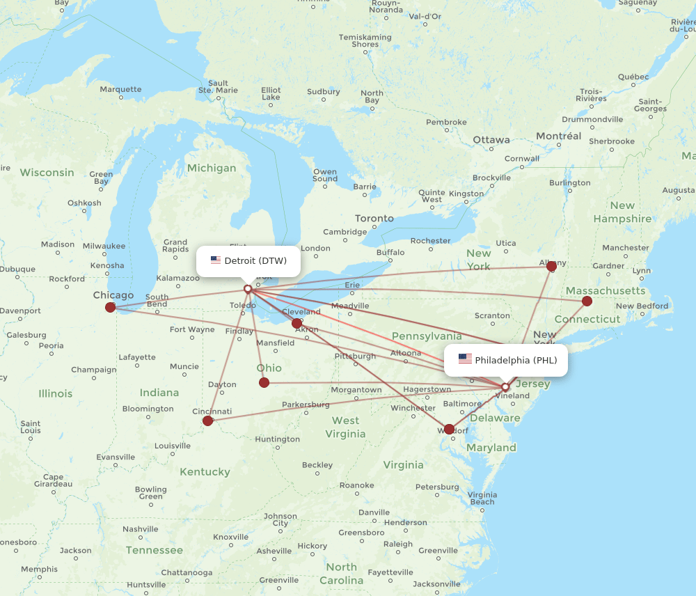 DTW-PHL flight routes