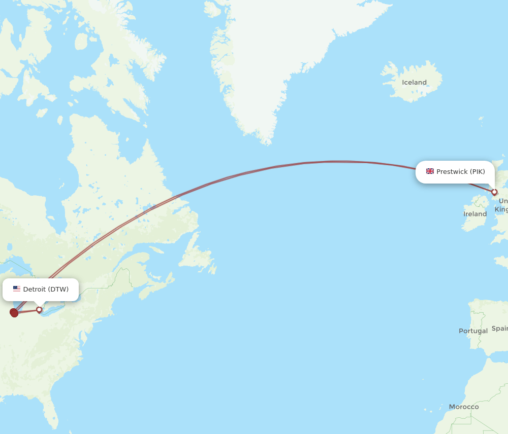 Detroit - Glasgow route map and flight paths