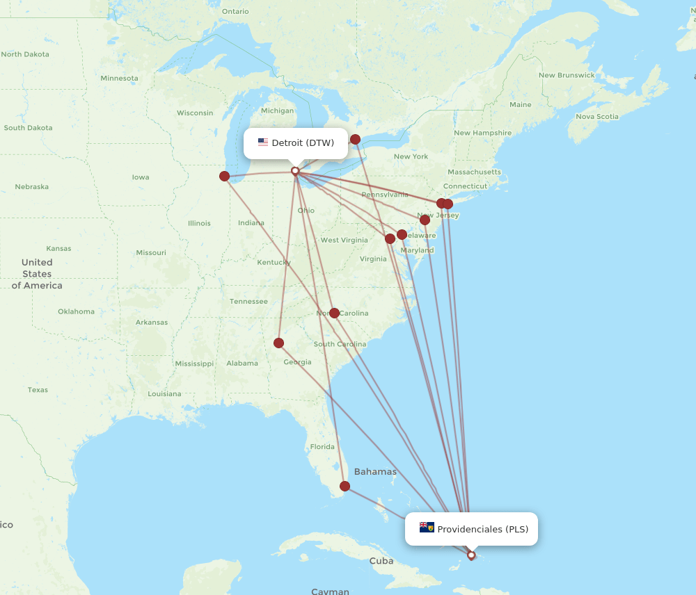 DTW-PLS flight routes