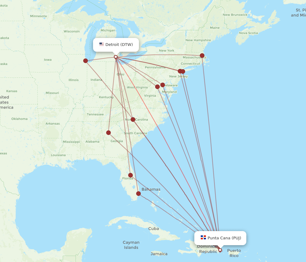 DTW-PUJ flight routes