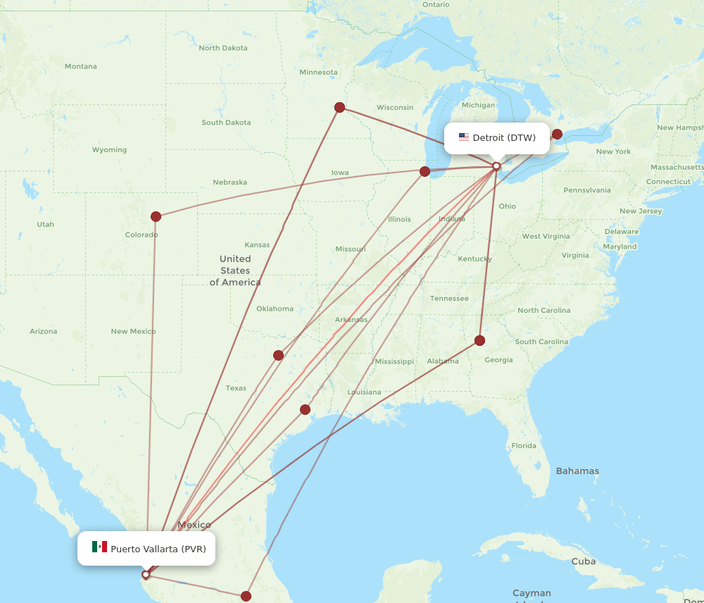 DTW-PVR flight routes