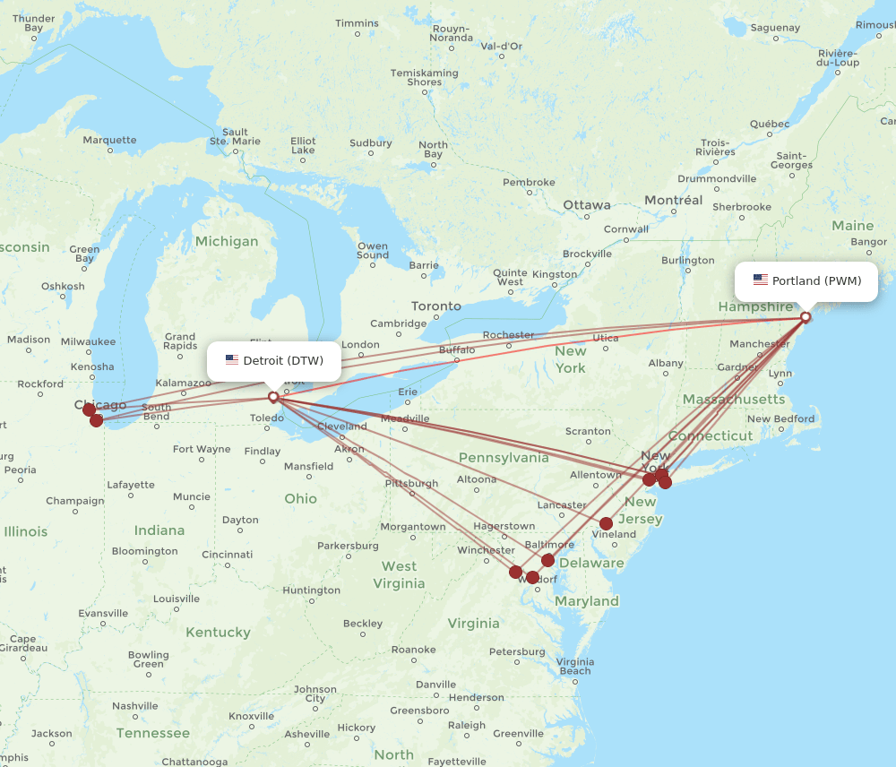 DTW-PWM flight routes
