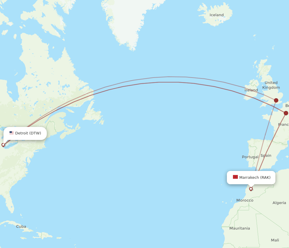 DTW-RAK flight routes