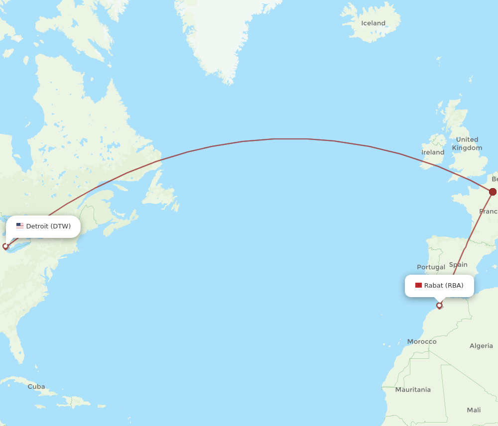 DTW-RBA flight routes