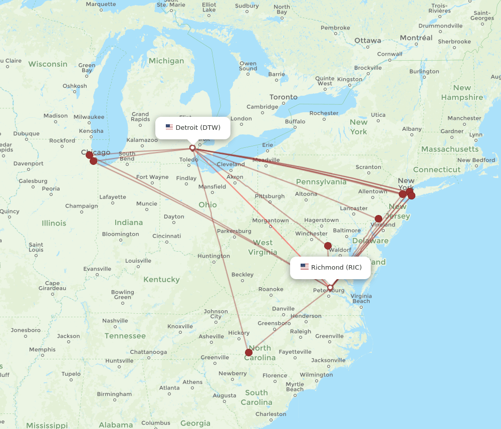 DTW to RIC flights and routes map