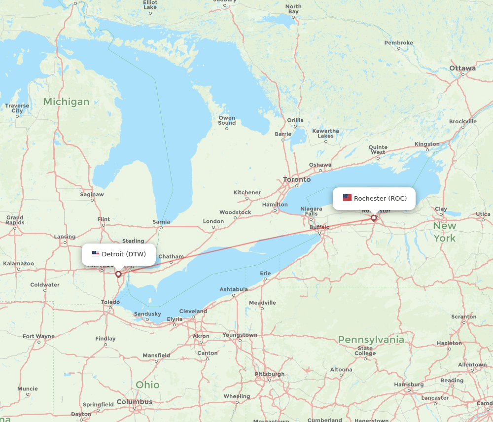DTW to ROC flights and routes map