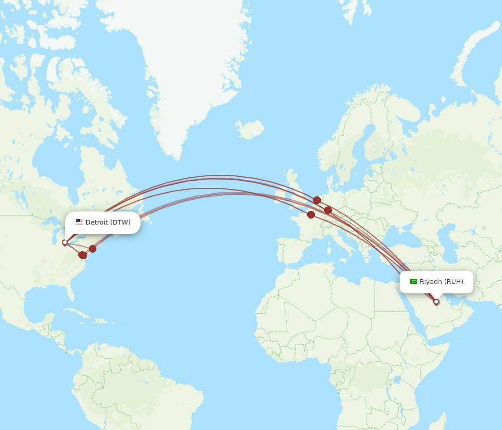 DTW-RUH flight routes