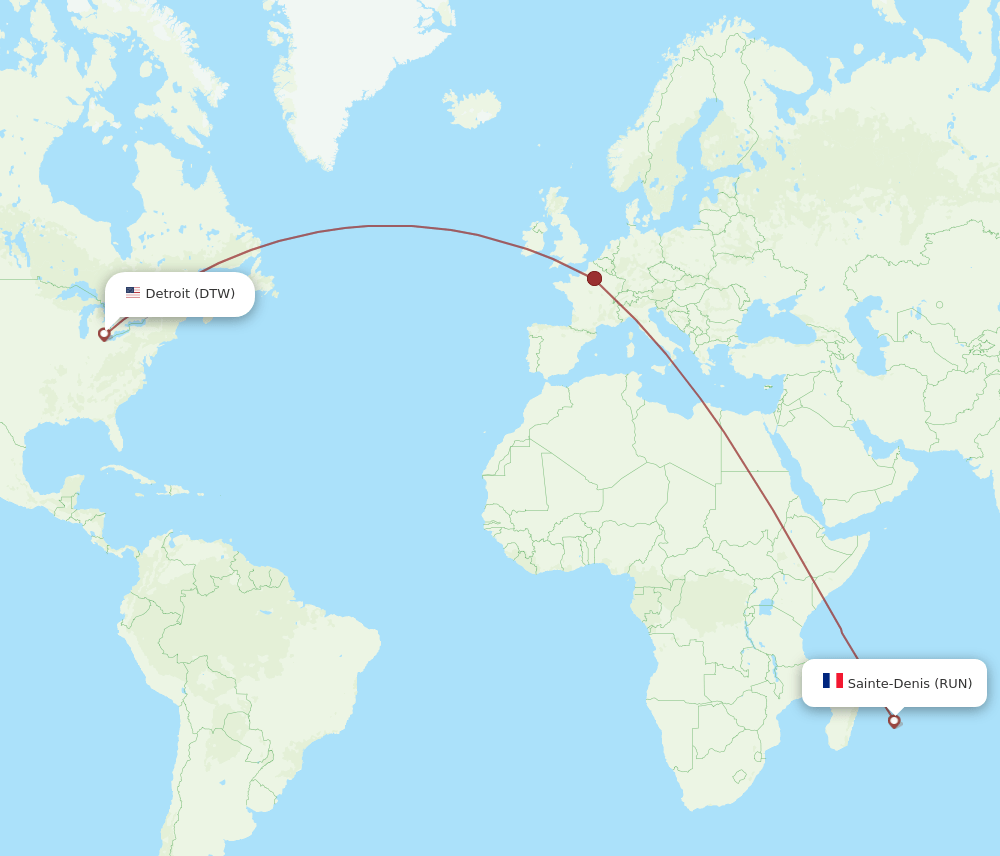 DTW to RUN flights and routes map