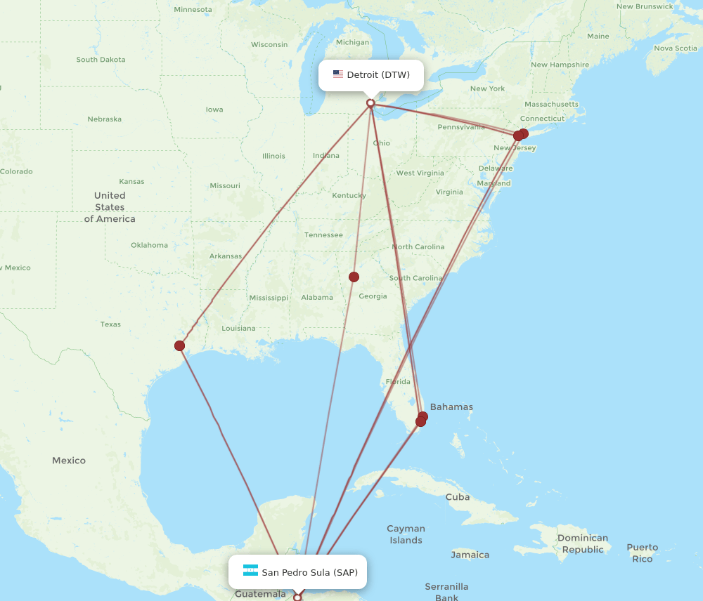 DTW-SAP flight routes