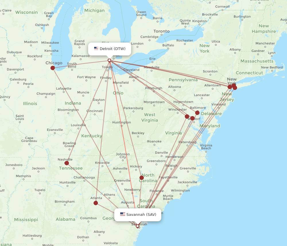 DTW-SAV flight routes