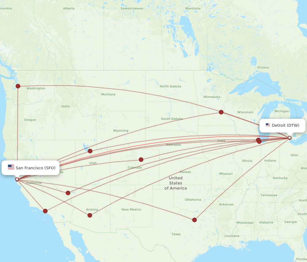 DTW to SFO flights and routes map
