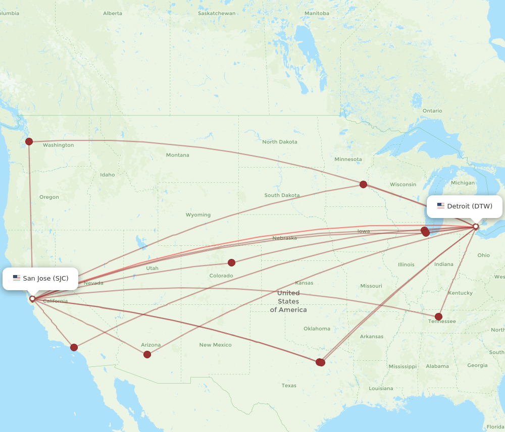 DTW-SJC flight routes