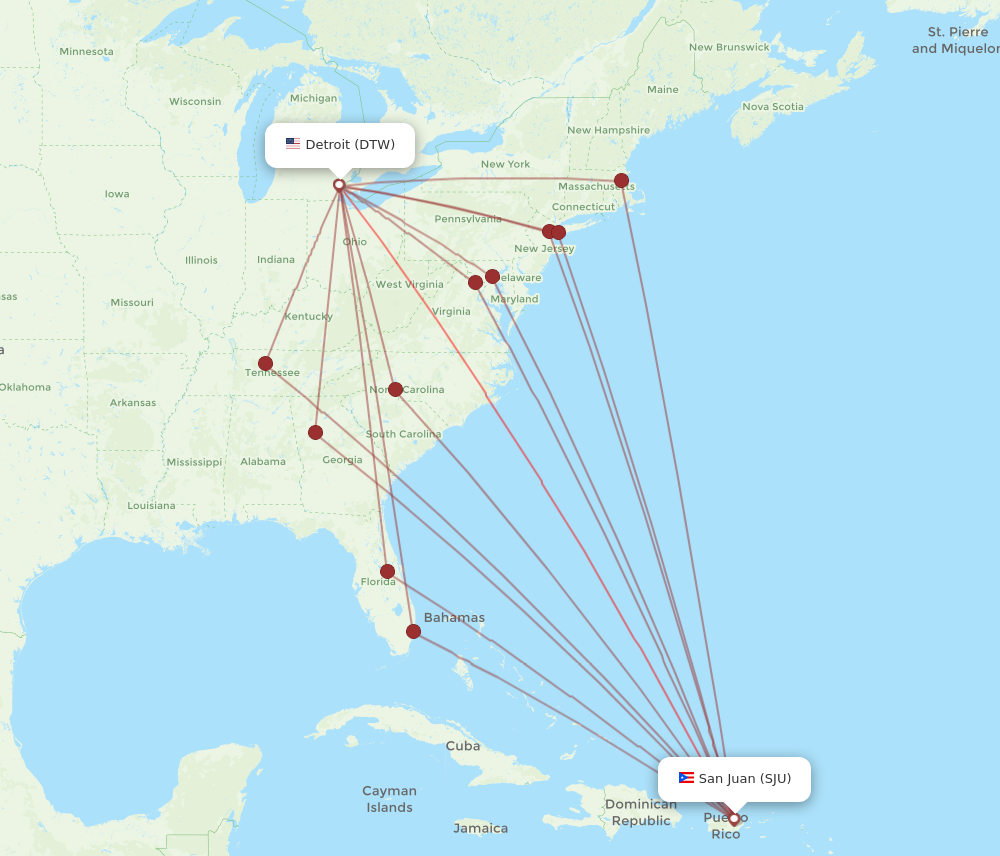 DTW to SJU flights and routes map