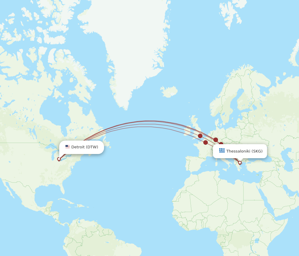 DTW-SKG flight routes
