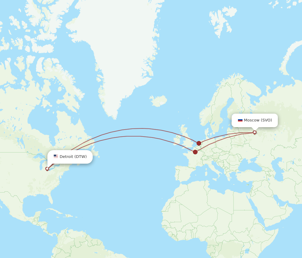 Detroit - Moscow route map and flight paths