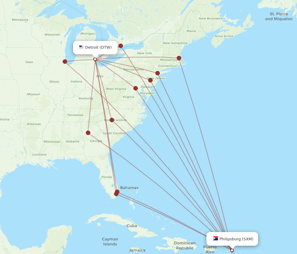 DTW-SXM flight routes
