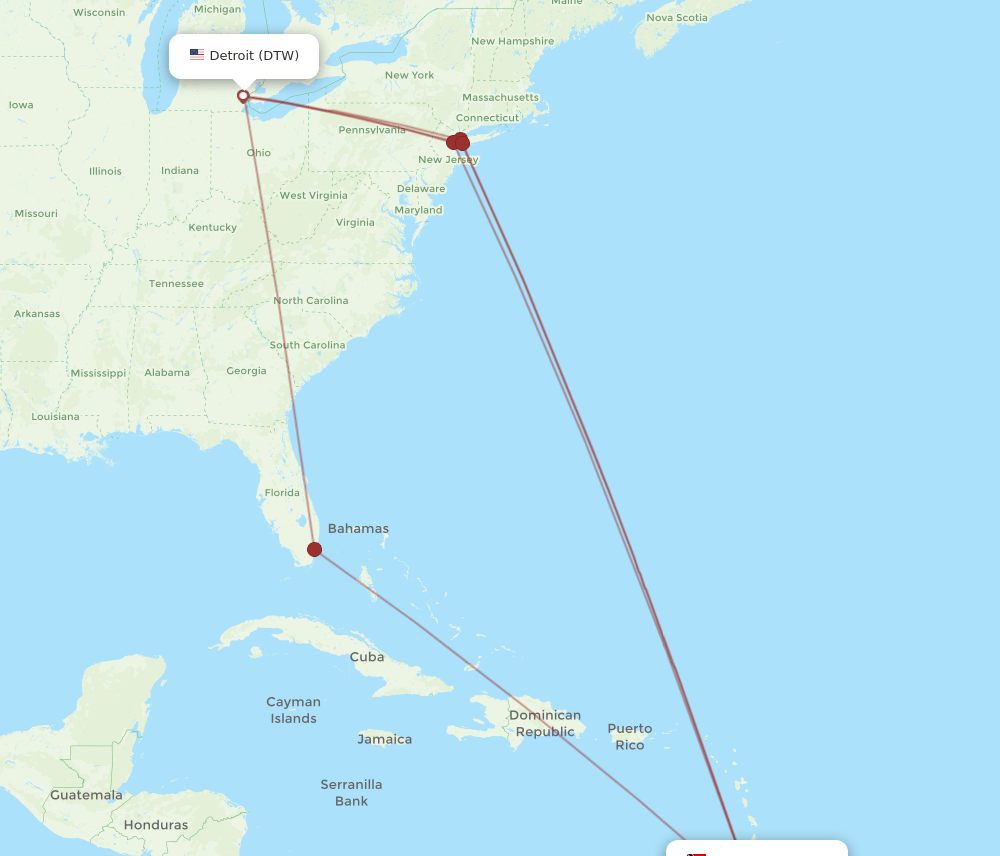 Detroit - Tobago route map and flight paths