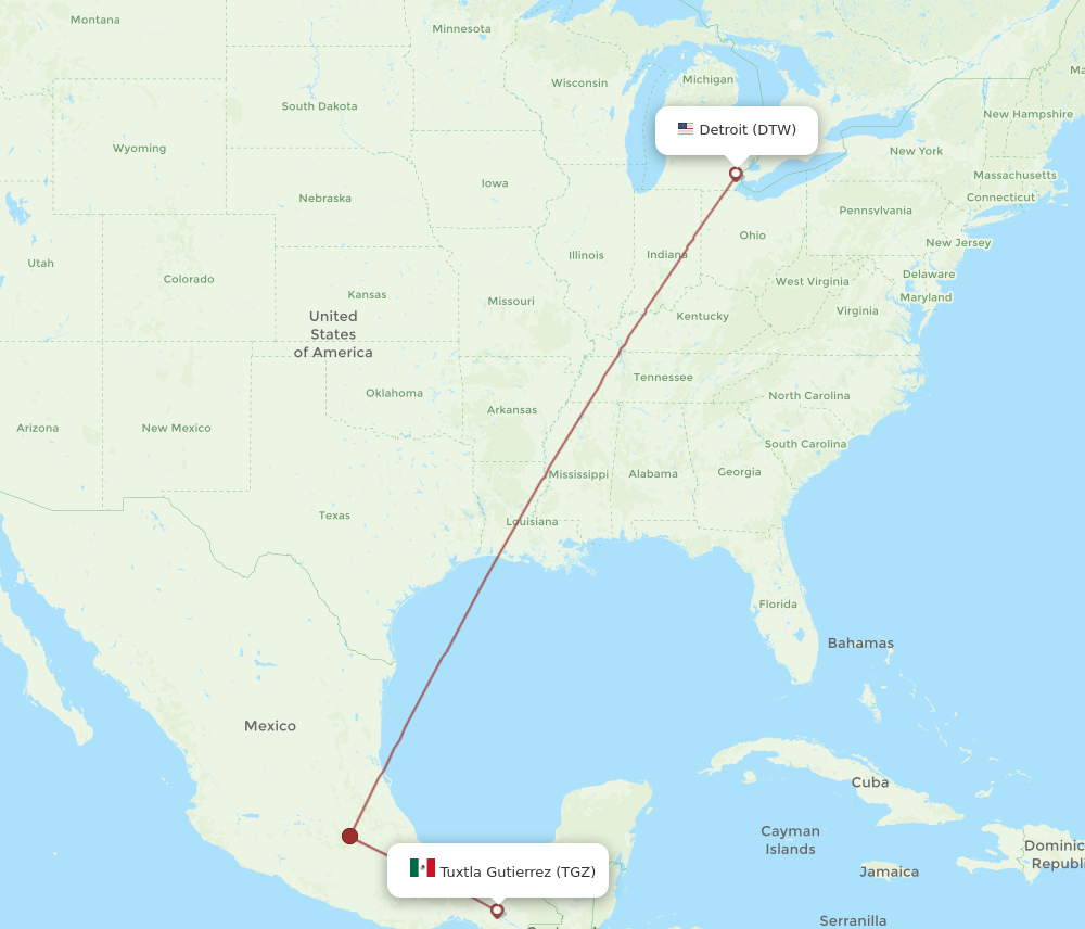 DTW to TGZ flights and routes map