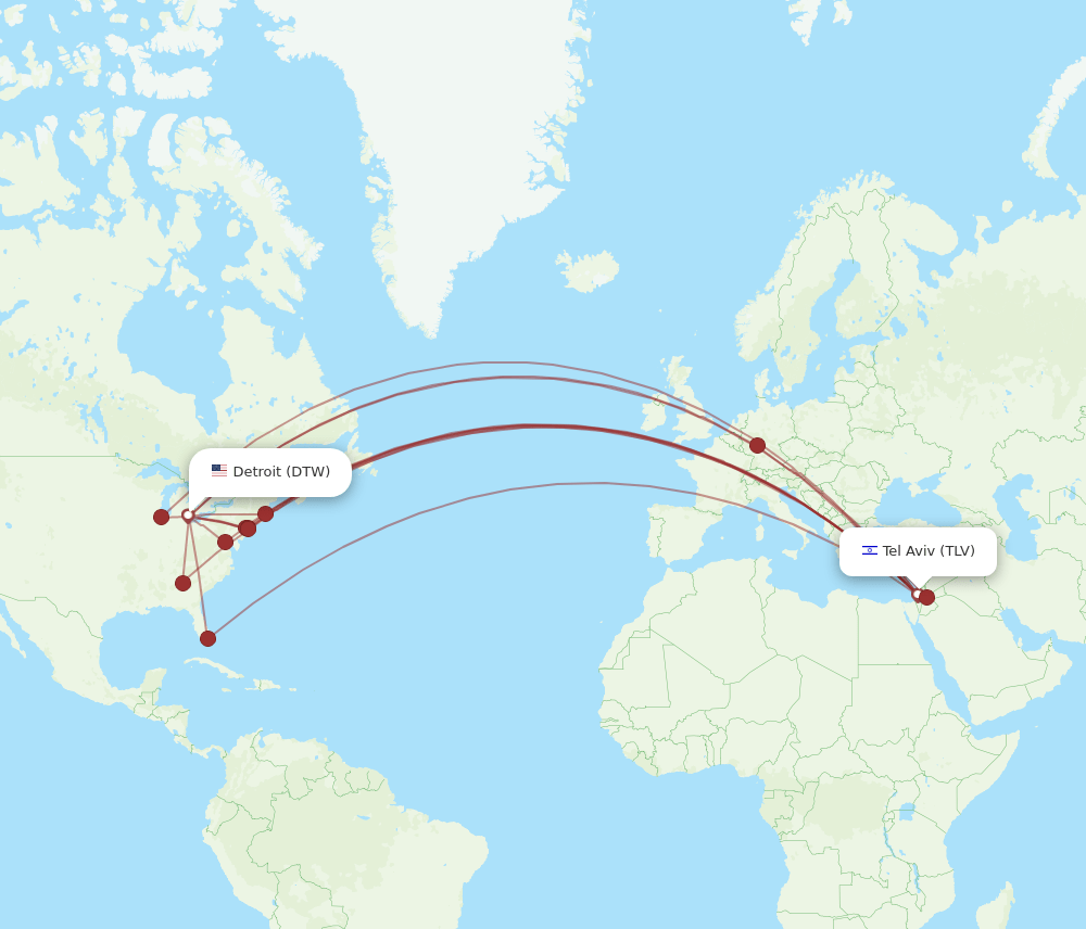DTW to TLV flights and routes map