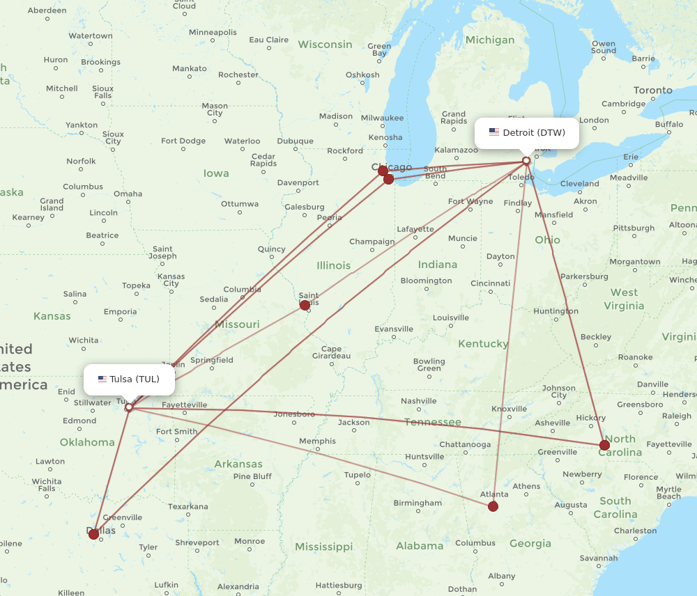 DTW-TUL flight routes