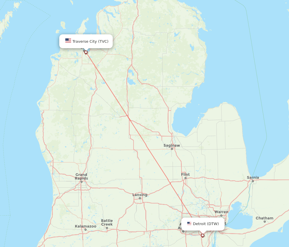 Detroit - Traverse City route map and flight paths