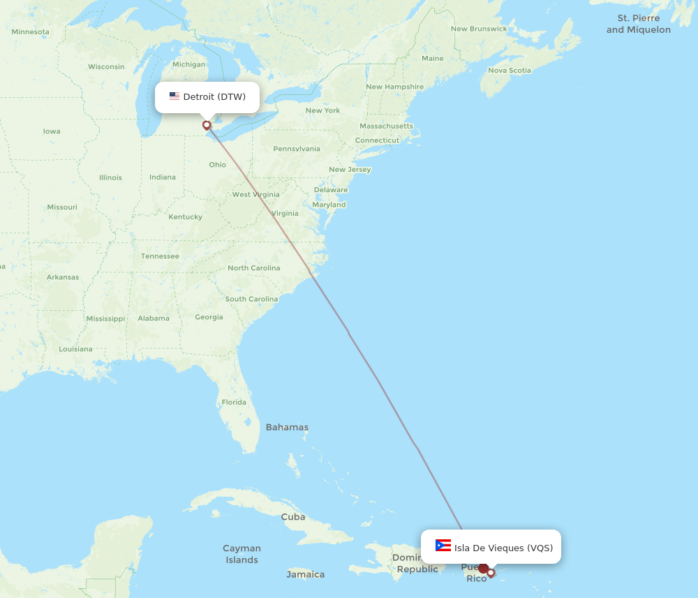 DTW to VQS flights and routes map
