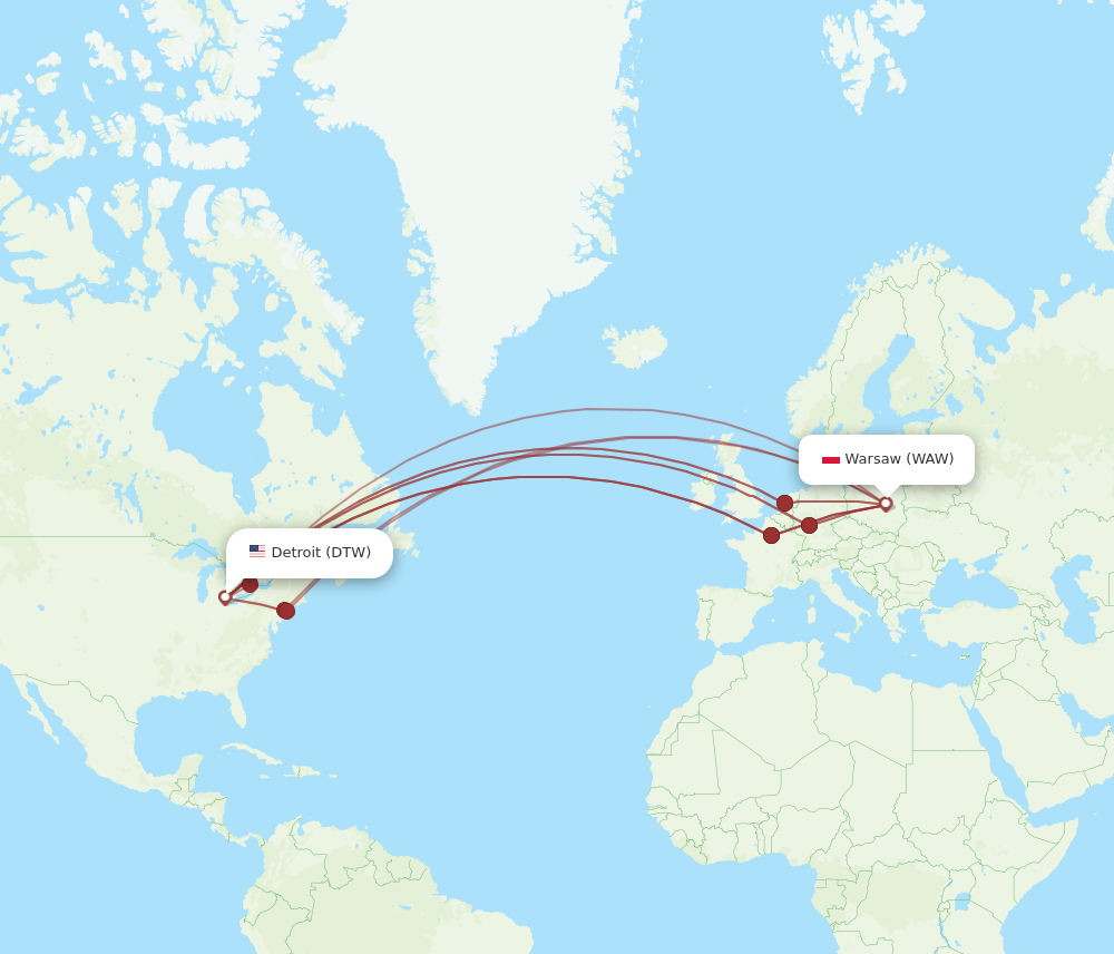 DTW to WAW flights and routes map