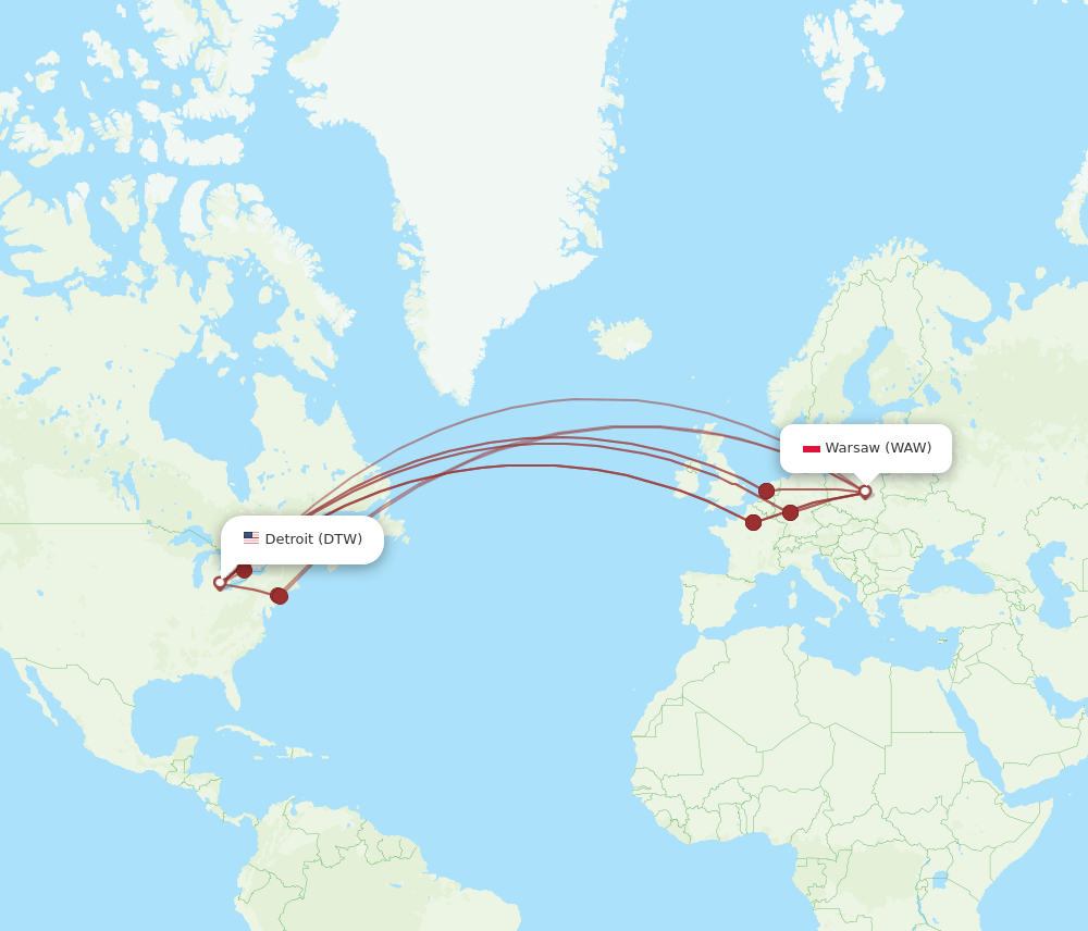 DTW-WAW flight routes