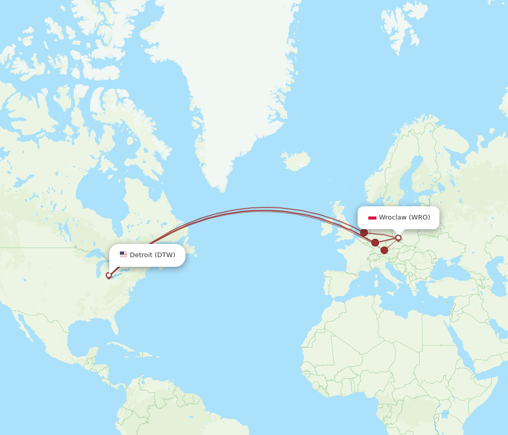 DTW to WRO flights and routes map