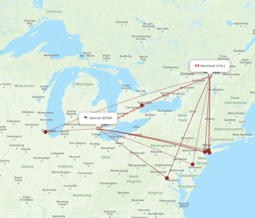 DTW-YUL flight routes