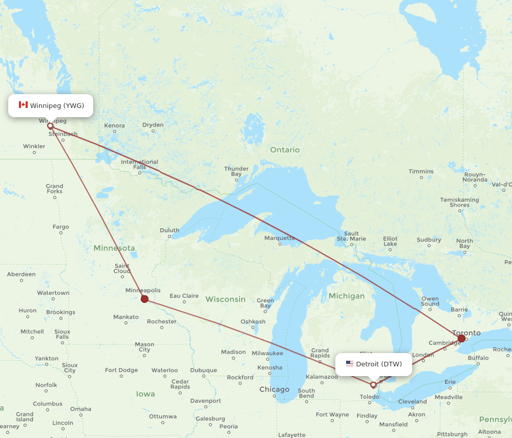 DTW-YWG flight routes